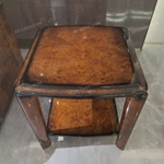 Rounded Square Burl-Veneer Sofa Side Table with Layered Top, Tapered Legs and Lower Display Shelf